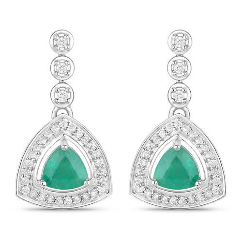 Pendientes de oro blanco de 14 quilates con esmeralda zambiana auténtica de 1.39 quilates y diamantes blancos