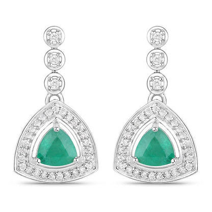 Pendientes de oro blanco de 14 quilates con esmeralda zambiana auténtica de 1.39 quilates y diamantes blancos