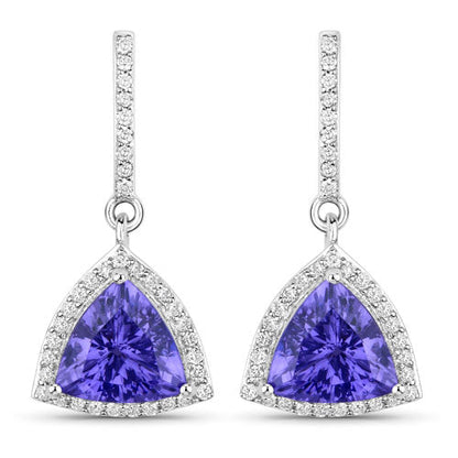 Pendientes de oro blanco de 14 quilates con tanzanita genuina de 3,86 quilates y diamantes blancos