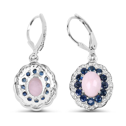 Pendientes de plata de ley .925 con ópalo auténtico de 4.00 quilates, zafiro rosa, azul y topacio blanco