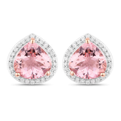 Pendientes de oro rosa de 14 quilates con morganita genuina de 3,27 quilates y diamantes blancos