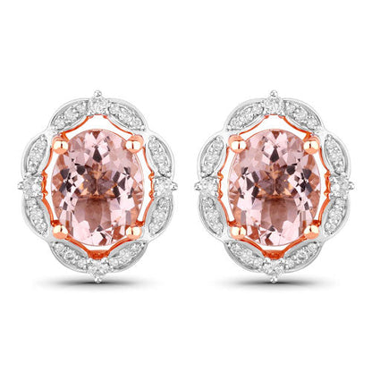 Pendientes de oro rosa de 14 quilates con morganita genuina de 3,52 quilates y diamantes blancos