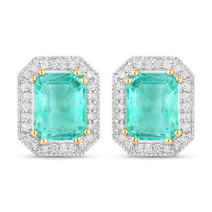 Pendientes de oro amarillo de 14 quilates con esmeralda etíope genuina de 2,99 quilates y diamantes blancos