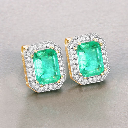 Pendientes de oro amarillo de 14 quilates con esmeralda etíope genuina de 2,99 quilates y diamantes blancos