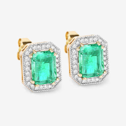 Pendientes de oro amarillo de 14 quilates con esmeralda etíope genuina de 2,99 quilates y diamantes blancos
