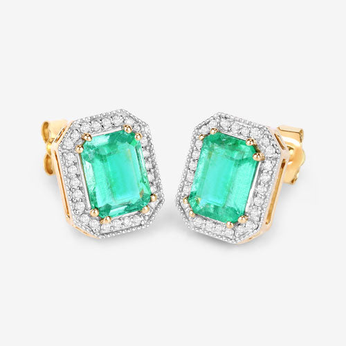 Pendientes de oro amarillo de 14 quilates con esmeralda etíope genuina de 2,99 quilates y diamantes blancos