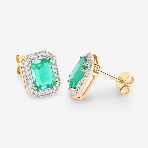 Pendientes de oro amarillo de 14 quilates con esmeralda etíope genuina de 2,99 quilates y diamantes blancos
