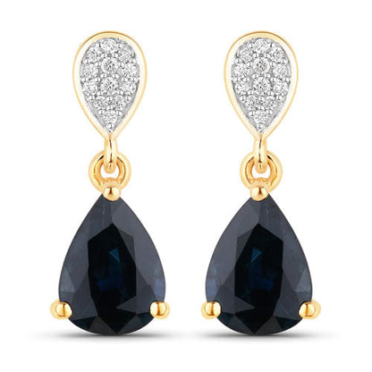 Pendientes de oro amarillo de 10 quilates con zafiro azul genuino de 2,76 quilates y diamantes blancos