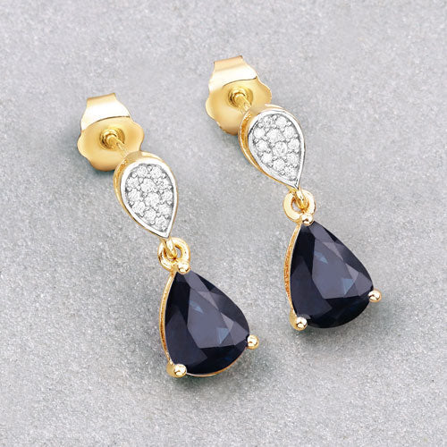Pendientes de oro amarillo de 10 quilates con zafiro azul genuino de 2,76 quilates y diamantes blancos