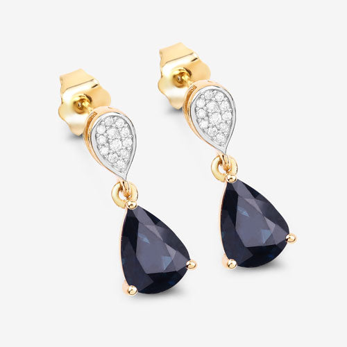 Pendientes de oro amarillo de 10 quilates con zafiro azul genuino de 2,76 quilates y diamantes blancos