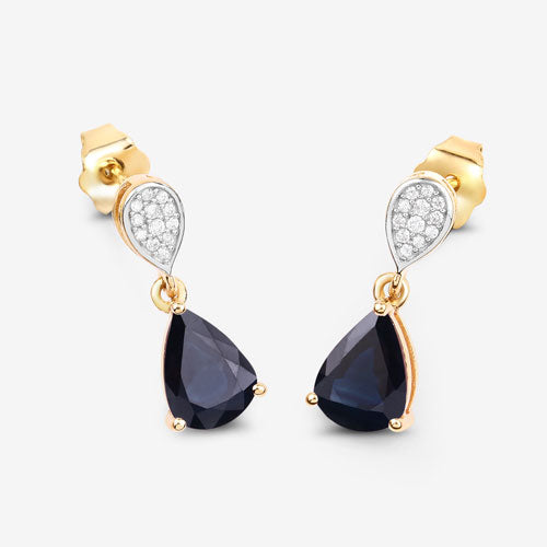 Pendientes de oro amarillo de 10 quilates con zafiro azul genuino de 2,76 quilates y diamantes blancos