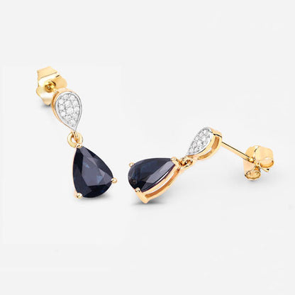 Pendientes de oro amarillo de 10 quilates con zafiro azul genuino de 2,76 quilates y diamantes blancos