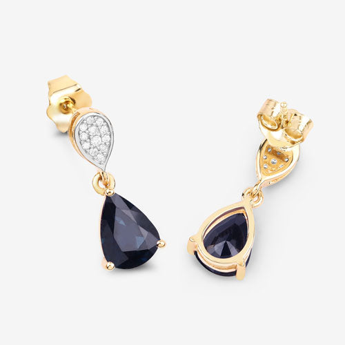 Pendientes de oro amarillo de 10 quilates con zafiro azul genuino de 2,76 quilates y diamantes blancos