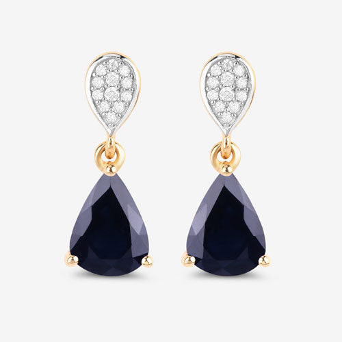 Pendientes de oro amarillo de 10 quilates con zafiro azul genuino de 2,76 quilates y diamantes blancos