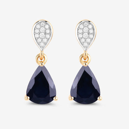 Pendientes de oro amarillo de 10 quilates con zafiro azul genuino de 2,76 quilates y diamantes blancos