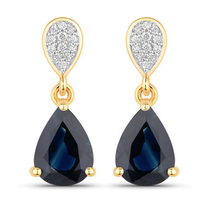 Pendientes de oro amarillo de 14K con zafiro azul genuino de 2.76 quilates y diamantes blancos