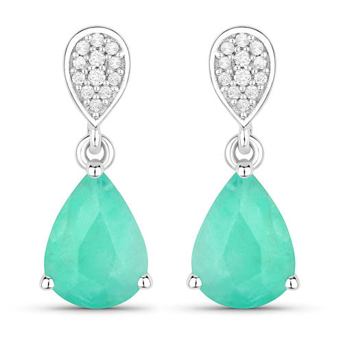 Pendientes de oro blanco de 10 quilates con esmeralda zambiana auténtica de 2.28 quilates y diamantes blancos