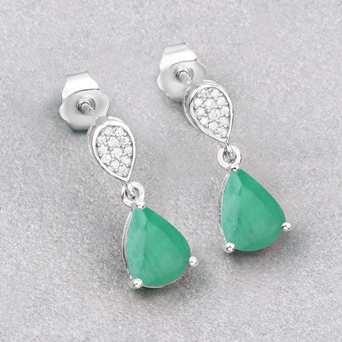 Pendientes de oro blanco de 10 quilates con esmeralda zambiana auténtica de 2.28 quilates y diamantes blancos