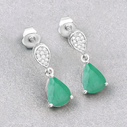 Pendientes de oro blanco de 10 quilates con esmeralda zambiana auténtica de 2.28 quilates y diamantes blancos