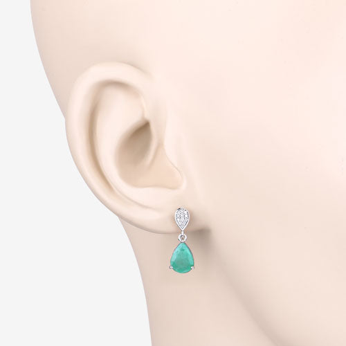 Pendientes de oro blanco de 10 quilates con esmeralda zambiana auténtica de 2.28 quilates y diamantes blancos