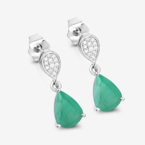 Pendientes de oro blanco de 10 quilates con esmeralda zambiana auténtica de 2.28 quilates y diamantes blancos