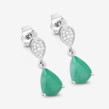 Pendientes de oro blanco de 10 quilates con esmeralda zambiana auténtica de 2.28 quilates y diamantes blancos