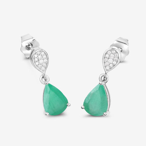 Pendientes de oro blanco de 10 quilates con esmeralda zambiana auténtica de 2.28 quilates y diamantes blancos