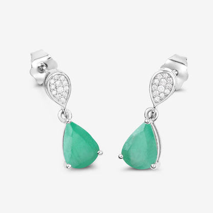 Pendientes de oro blanco de 10 quilates con esmeralda zambiana auténtica de 2.28 quilates y diamantes blancos