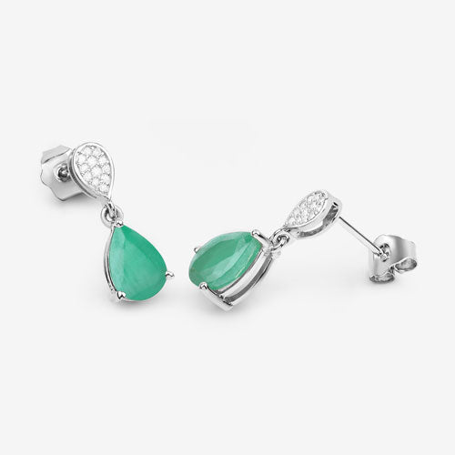 Pendientes de oro blanco de 10 quilates con esmeralda zambiana auténtica de 2.28 quilates y diamantes blancos