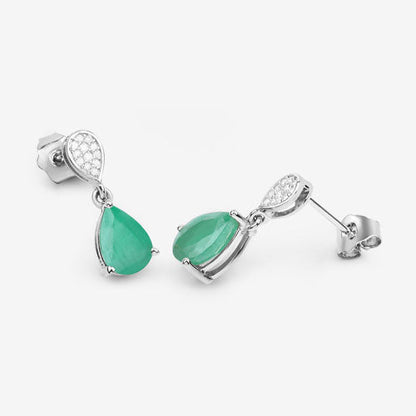 Pendientes de oro blanco de 10 quilates con esmeralda zambiana auténtica de 2.28 quilates y diamantes blancos