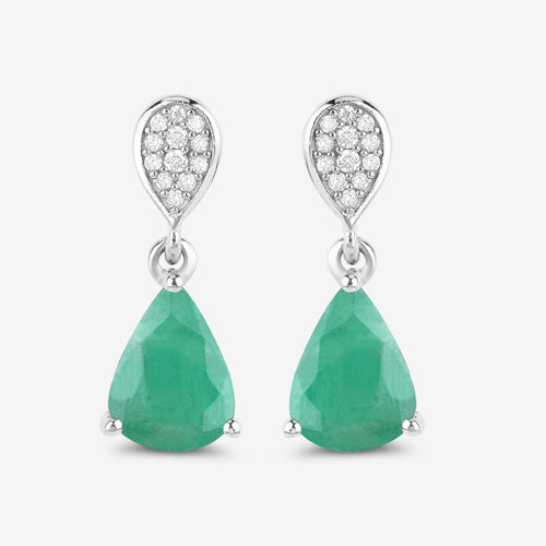 Pendientes de oro blanco de 10 quilates con esmeralda zambiana auténtica de 2.28 quilates y diamantes blancos