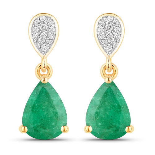 Pendientes de oro amarillo de 10K con esmeralda zambiana auténtica de 2,28 quilates y diamantes blancos