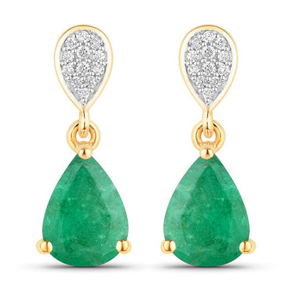 Pendientes de oro amarillo de 10K con esmeralda zambiana auténtica de 2,28 quilates y diamantes blancos