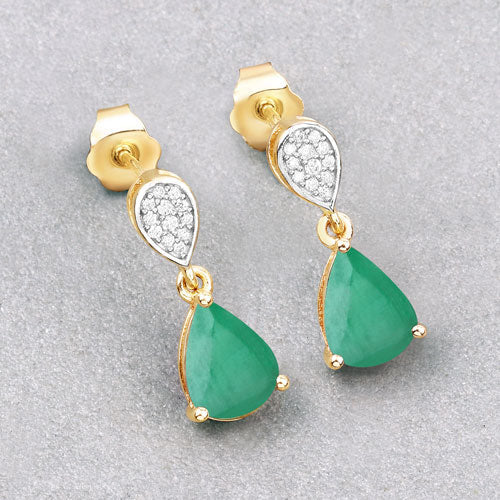 Pendientes de oro amarillo de 10K con esmeralda zambiana auténtica de 2,28 quilates y diamantes blancos