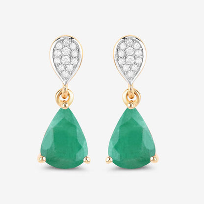 Pendientes de oro amarillo de 10K con esmeralda zambiana auténtica de 2,28 quilates y diamantes blancos