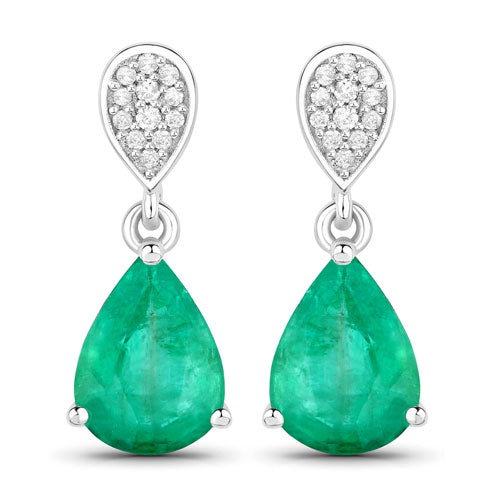 Pendientes de oro blanco de 14 quilates con esmeralda zambiana auténtica de 2,28 quilates y diamantes blancos