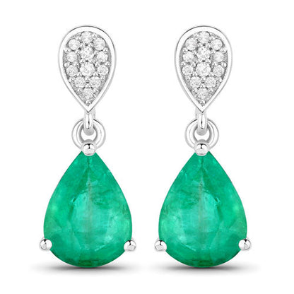 Pendientes de oro blanco de 14 quilates con esmeralda zambiana auténtica de 2,28 quilates y diamantes blancos
