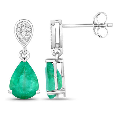 Pendientes de oro blanco de 14 quilates con esmeralda zambiana auténtica de 2,28 quilates y diamantes blancos