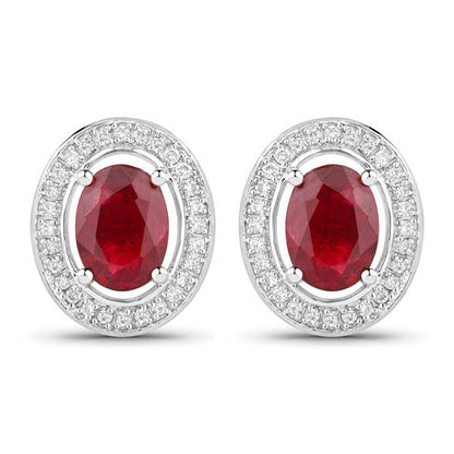 Pendientes de oro blanco de 14 quilates con rubíes auténticos de 2,12 quilates y diamantes blancos