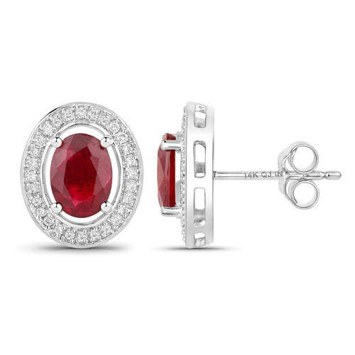 Pendientes de oro blanco de 14 quilates con rubíes auténticos de 2,12 quilates y diamantes blancos