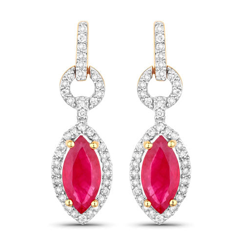 Pendientes de Oro Amarillo de 14K con Rubí Genuino de 1.23 Quilates y Diamantes Blancos