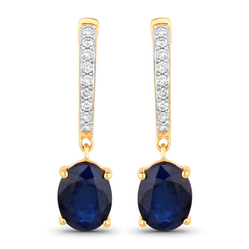 Pendientes de oro amarillo de 14 quilates con zafiro azul genuino de 3,24 quilates y diamantes blancos