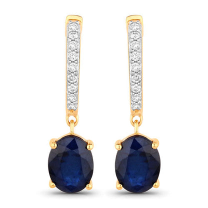 Pendientes de oro amarillo de 14 quilates con zafiro azul genuino de 3,24 quilates y diamantes blancos