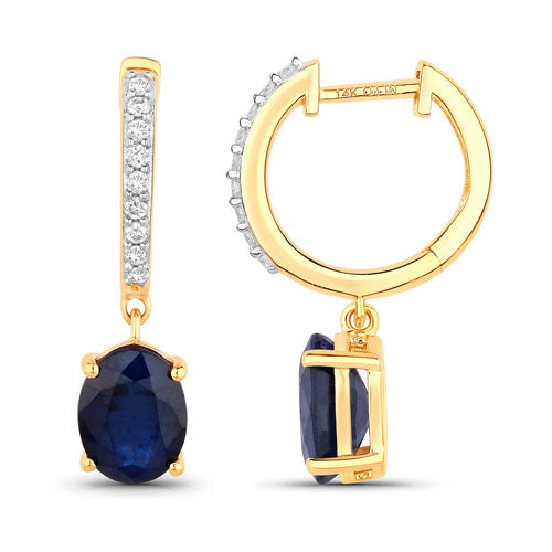 Pendientes de oro amarillo de 14 quilates con zafiro azul genuino de 3,24 quilates y diamantes blancos