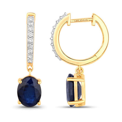 Pendientes de oro amarillo de 14 quilates con zafiro azul genuino de 3,24 quilates y diamantes blancos