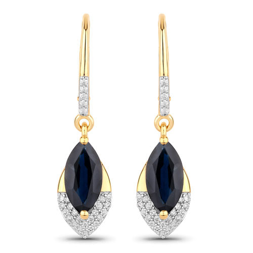 Pendientes de oro amarillo de 14K con zafiro azul auténtico y diamantes blancos, 2.79 quilates