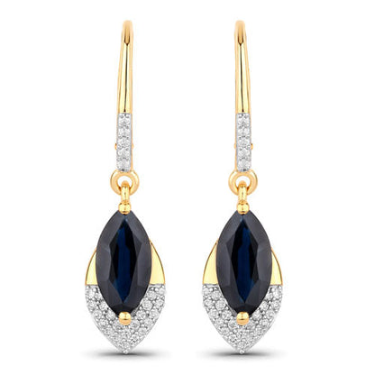 Pendientes de oro amarillo de 14K con zafiro azul auténtico y diamantes blancos, 2.79 quilates