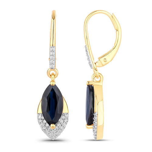 Pendientes de oro amarillo de 14K con zafiro azul auténtico y diamantes blancos, 2.79 quilates