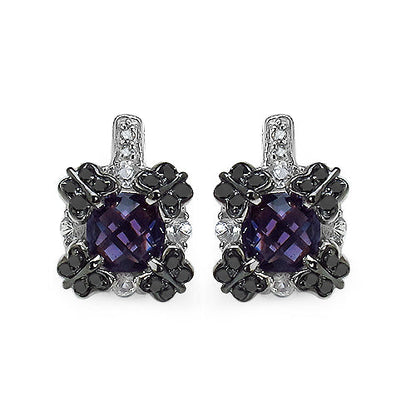 Pendientes de plata de ley .925 con amatista, zafiro blanco y diamante negro auténticos de 2,67 quilates