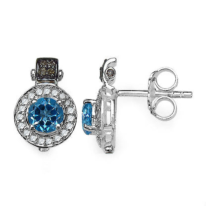 Pendientes de plata de ley con topacio azul suizo auténtico de 1,20 quilates y detalles de diamantes auténticos de 0,30 quilates en total